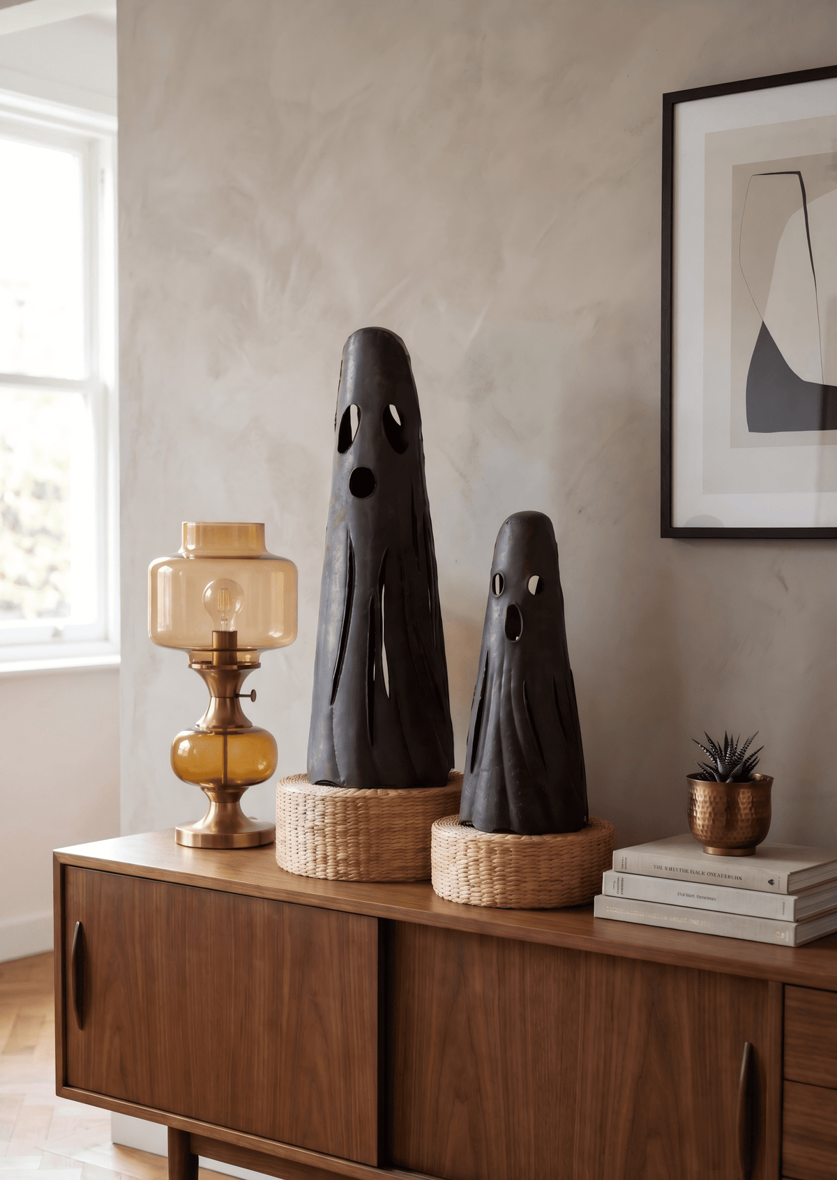 2-Piece Rustic Iron Ghost Luminaries Set - 15.7" & 7.8" Tall Metal Halloween Candle Holders - Primitive Farmhouse Spooky Decor for Indoor Fireplace Mantel, Porch, and Autumn Table Centerpieces