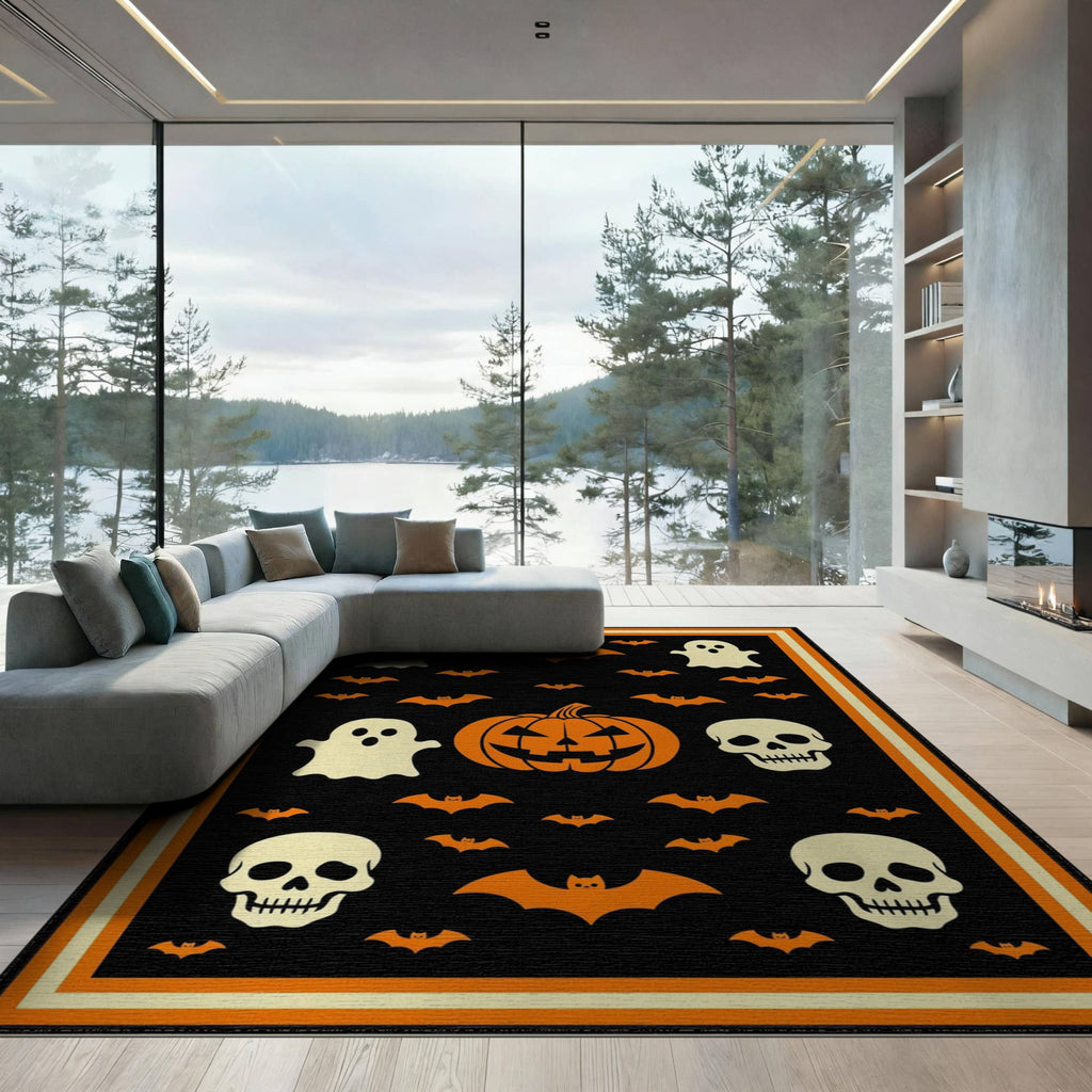 ODIKA 8'x10' Washable Area Rug Halloween Harvest Spirits Grinning Lantern Entrance Doormat Door for Living Room, Under Sectional, Family , Durable, Non-Slip