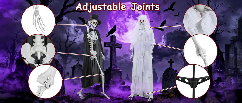 Floseru Halloween Skeleton Couple Life Size, Bride & Groom with Sound and Glowing Eyes, Poseable Joints, for Graveyard Scene Decoration