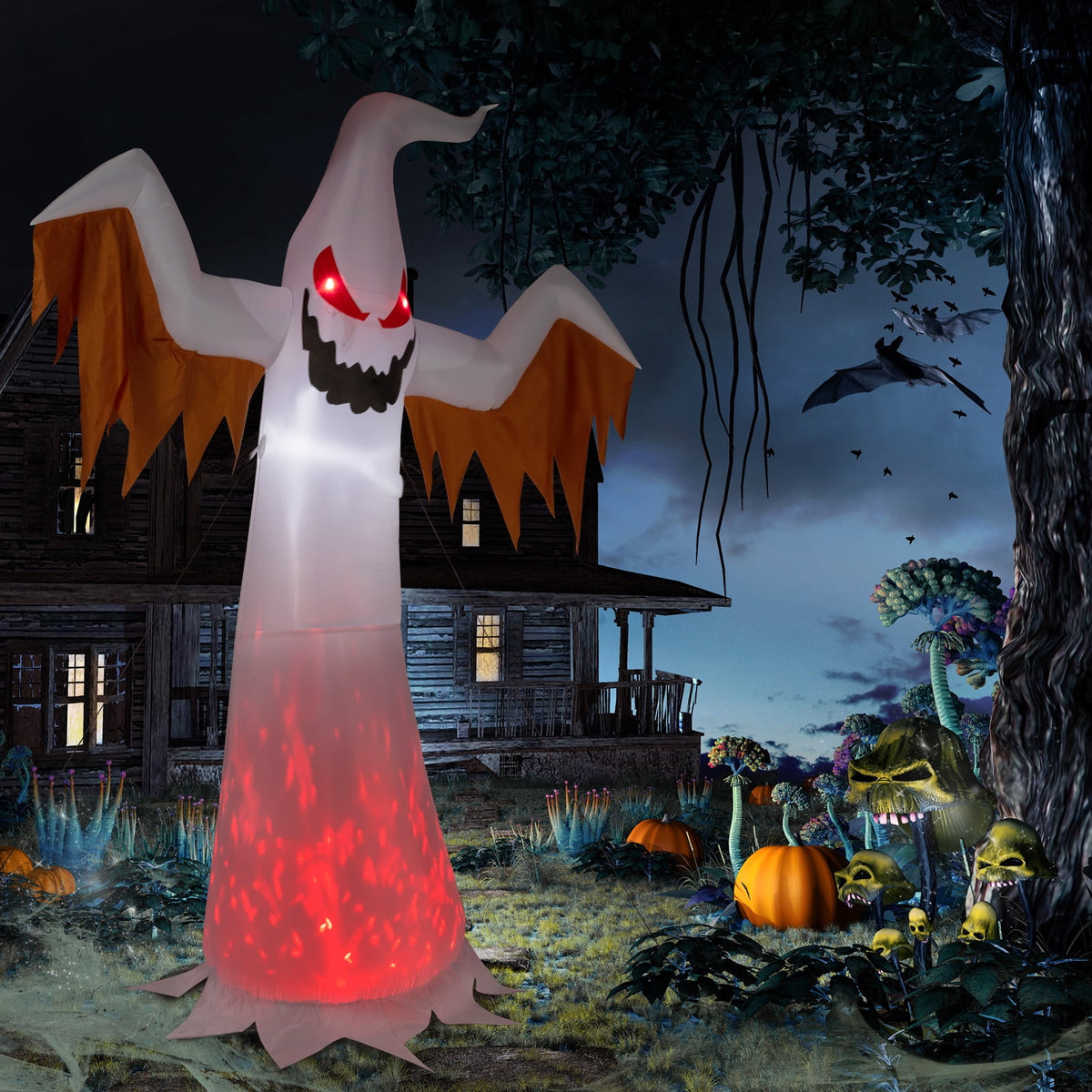 12ft Halloween Inflatable Scary Ghost with Flames and Flashing Red Eyes