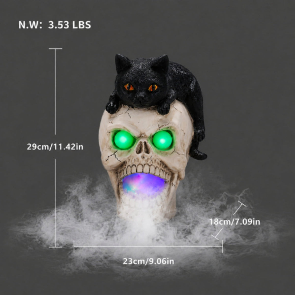 SpookHaven Halloween Jack‑O‑Lantern Pumpkin Mist Sprayer Figurine, LED Light‑Up Fogger with Witch Hat & Skull Decoration, Spooky Ornament for Tabletop Entryway Halloween Party Home Decor