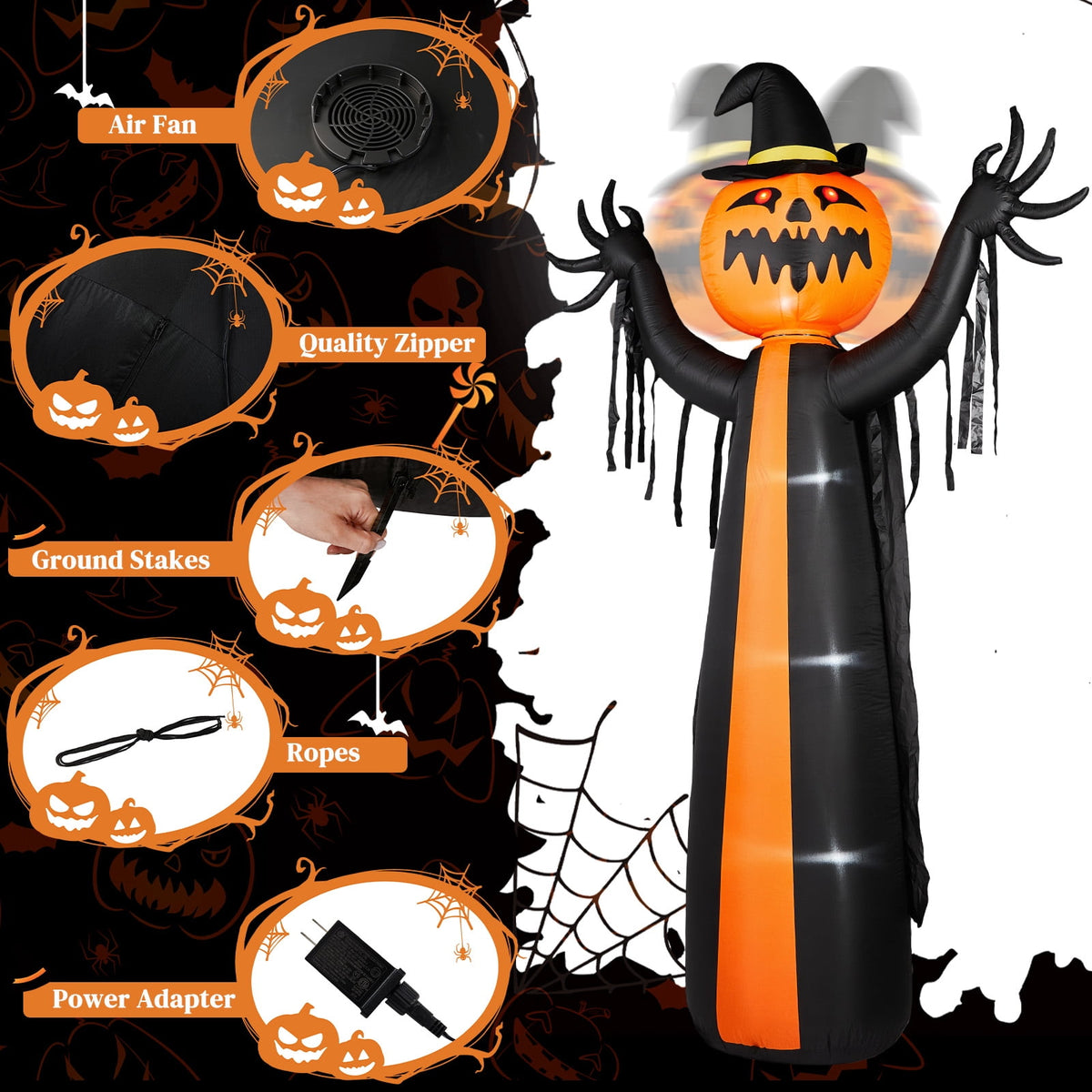 10ft Halloween Inflatable Pumpkin Ghost with Rotatable Head and 6 LED Lights