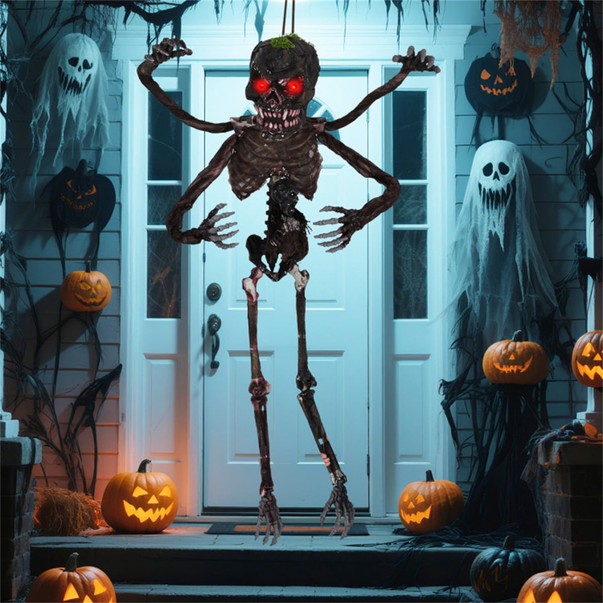Animated 6ft Halloween Skeleton with Spooky Sounds and Red Eyes Hanging Prop for Yard Decor
