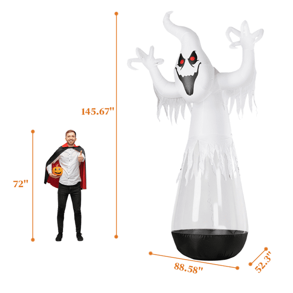 Alvantor 12 ft Clear PVC Ghost Halloween Inflatable with 2 LED Lights and Stage Light, Black and White