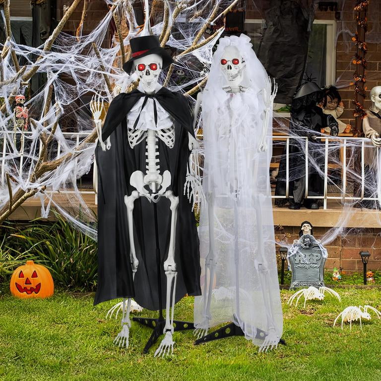 Floseru Halloween Skeleton Bride and Groom, Life Size 65 Inch Couple Set with Sound and Light Effects, Poseable Joints, for Spooky Party Decoration