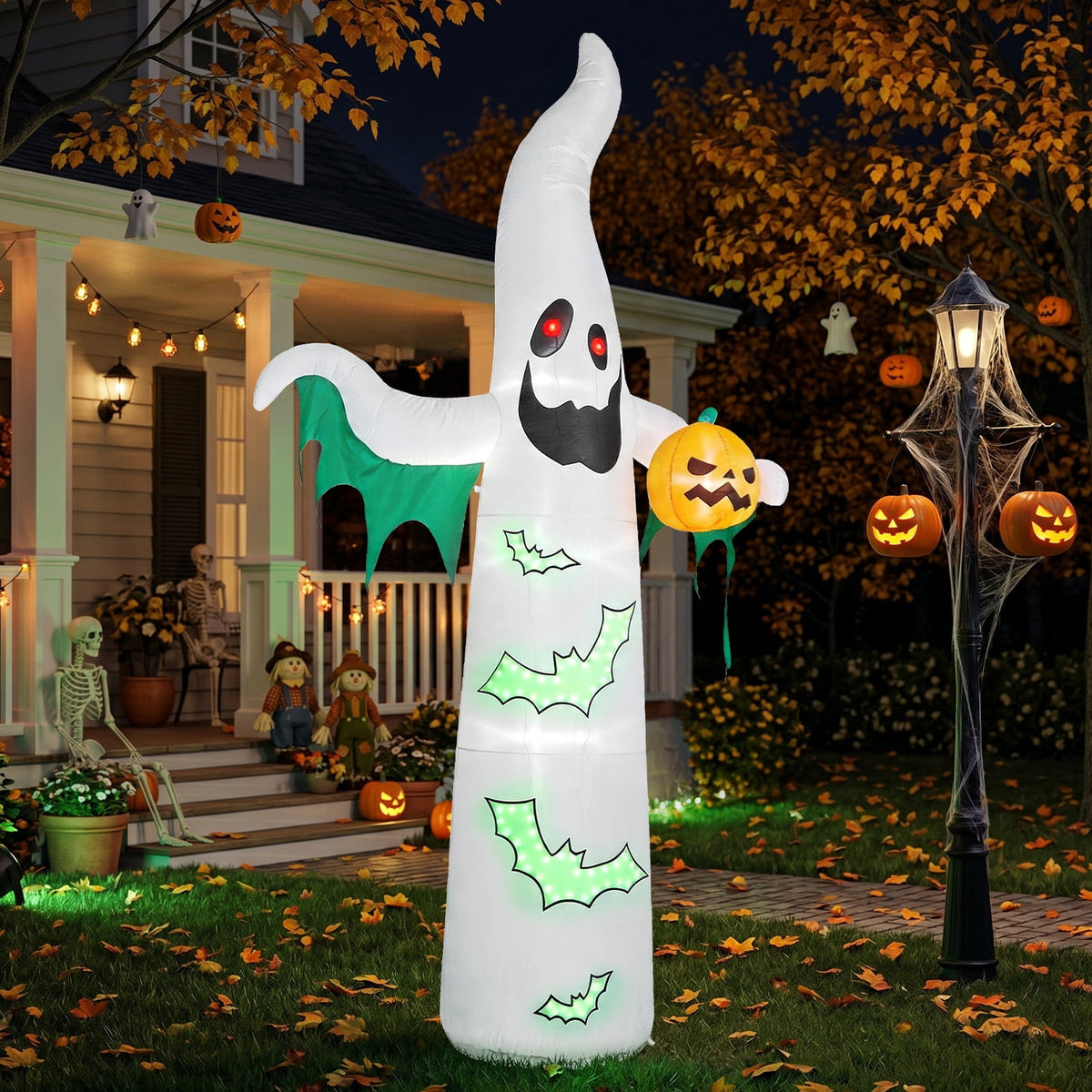 12ft Halloween Inflatable Ghost Bat Ornament with 4 LED Lights 82 String Lights