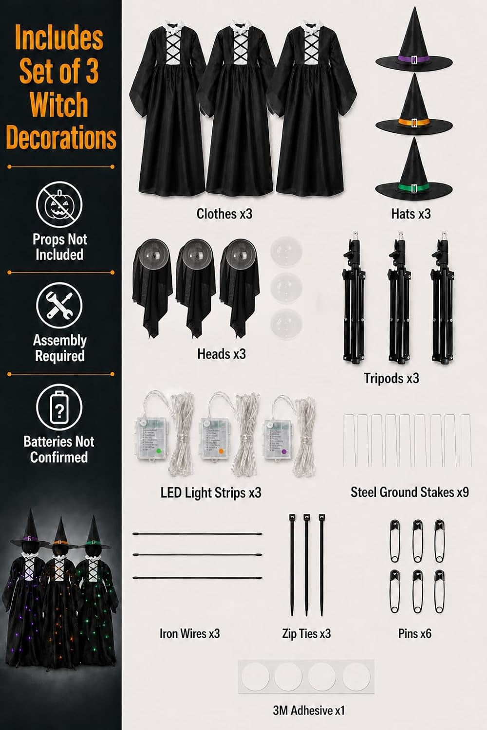 3 Lighted Witches Halloween Yard Decorations, 59 in