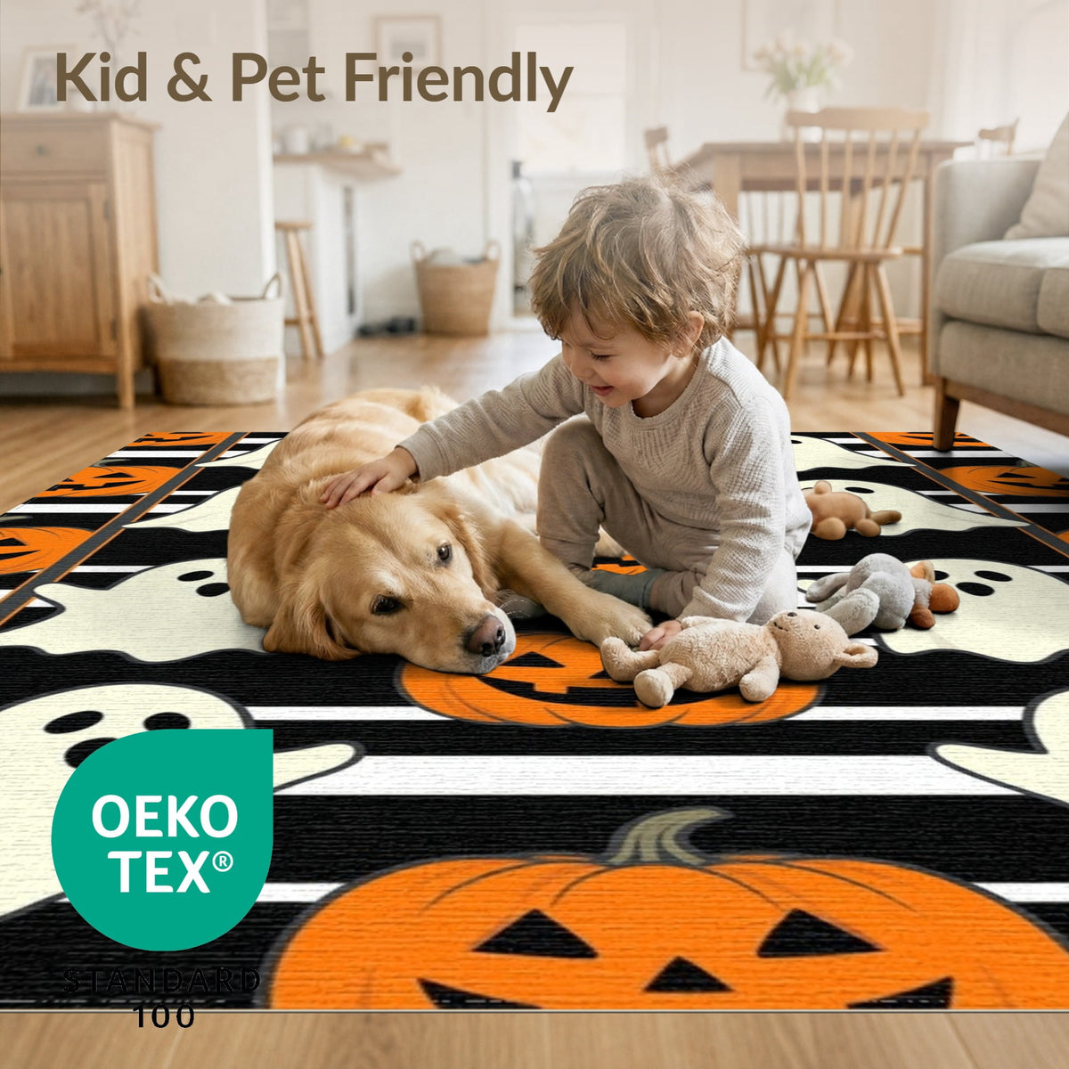 ODIKA Halloween Spooky Pumpkin Phantom Striped Entrance Door Doormat for Playroom, Bedroom, Reading Nook, Pet Friendly & Kids Safe Play