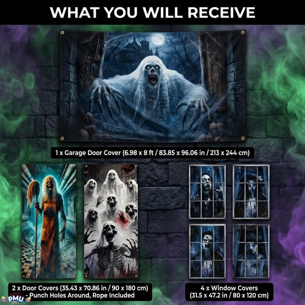 PMU 7-Piece Halloween Garage Door Cover Set, 16 x 7 ft, Skeleton Window & Door Decorations