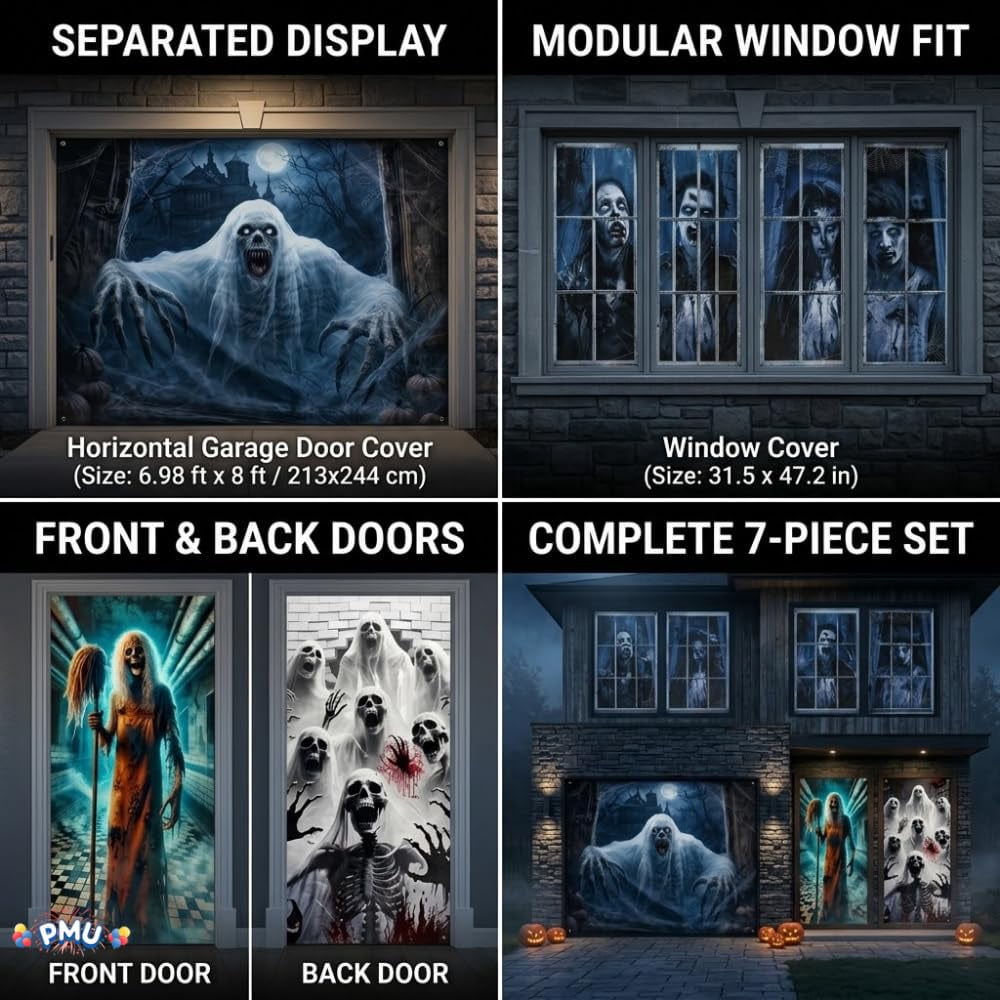 PMU 7-Piece Halloween Garage Door Cover Set, 16 x 7 ft, Skeleton Window & Door Decorations