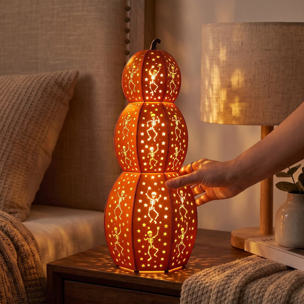 Stacked Orange Pumpkins With Skull Cuts, Light Up Halloween Decor With Dancing Skeleton, Indoor Outdoor Yard & Porch Party Ornament