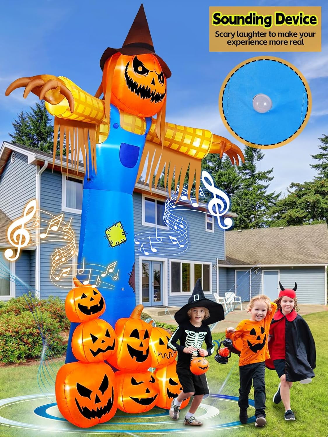 12.5 FT Halloween Inflatables with Music, Kalolary Giant Pumpkin Scarecrow Inflatable with LED Light Blow Up Yard Decor with Scary Sound for Outdoor Garden Lawn Holiday Party Supplies