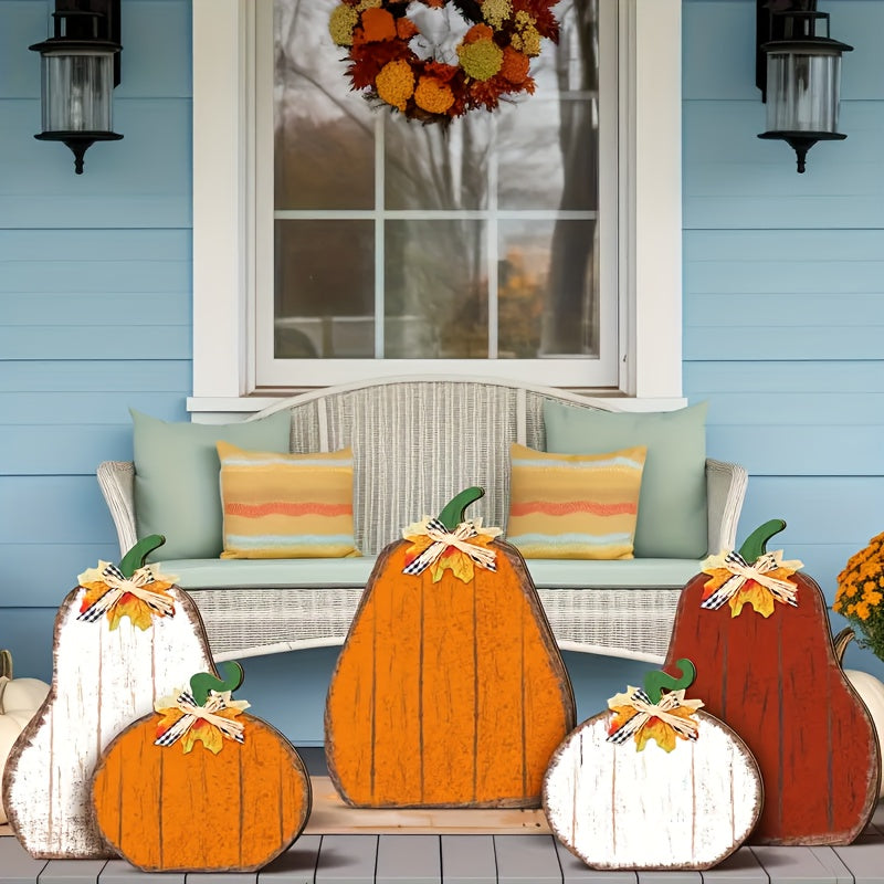 5pcs Large Farmhouse Fall Decorations - Rustic Wooden Standing Harvest Centerpieces with Pumpkin, White/Orange/Red/Brown/Beige - Artificial Wood Porch, Mantel, Table Decor for Thanksgiving, Halloween