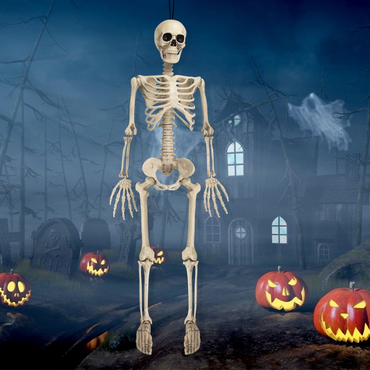 OZMI 5' 4" Tall Halloween Skeleton Decoration for Haunted House, 63 Inch Plastic Life Size Skull Skeleton for Halloween Party Haunted House Bar Yard Graveyard Decorations Party Supplies