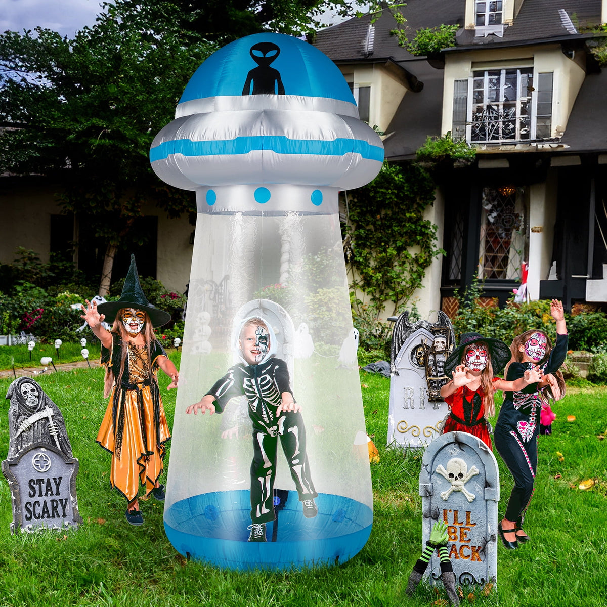 8.8FT Halloween Inflatable UFO Yard Decoration with Stand Inside Design