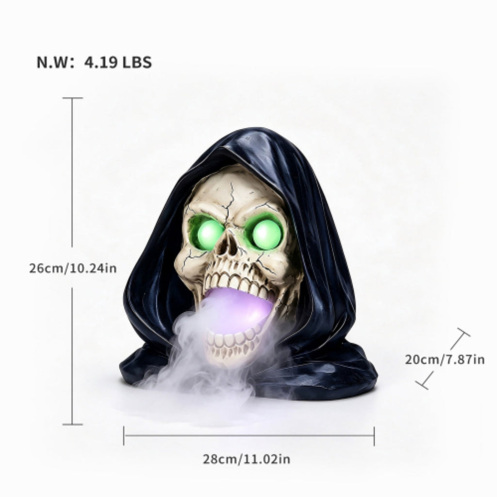 SpookHaven Halloween Jack‑O‑Lantern Pumpkin Mist Sprayer Figurine, LED Light‑Up Fogger with Witch Hat & Skull Decoration, Spooky Ornament for Tabletop Entryway Halloween Party Home Decor