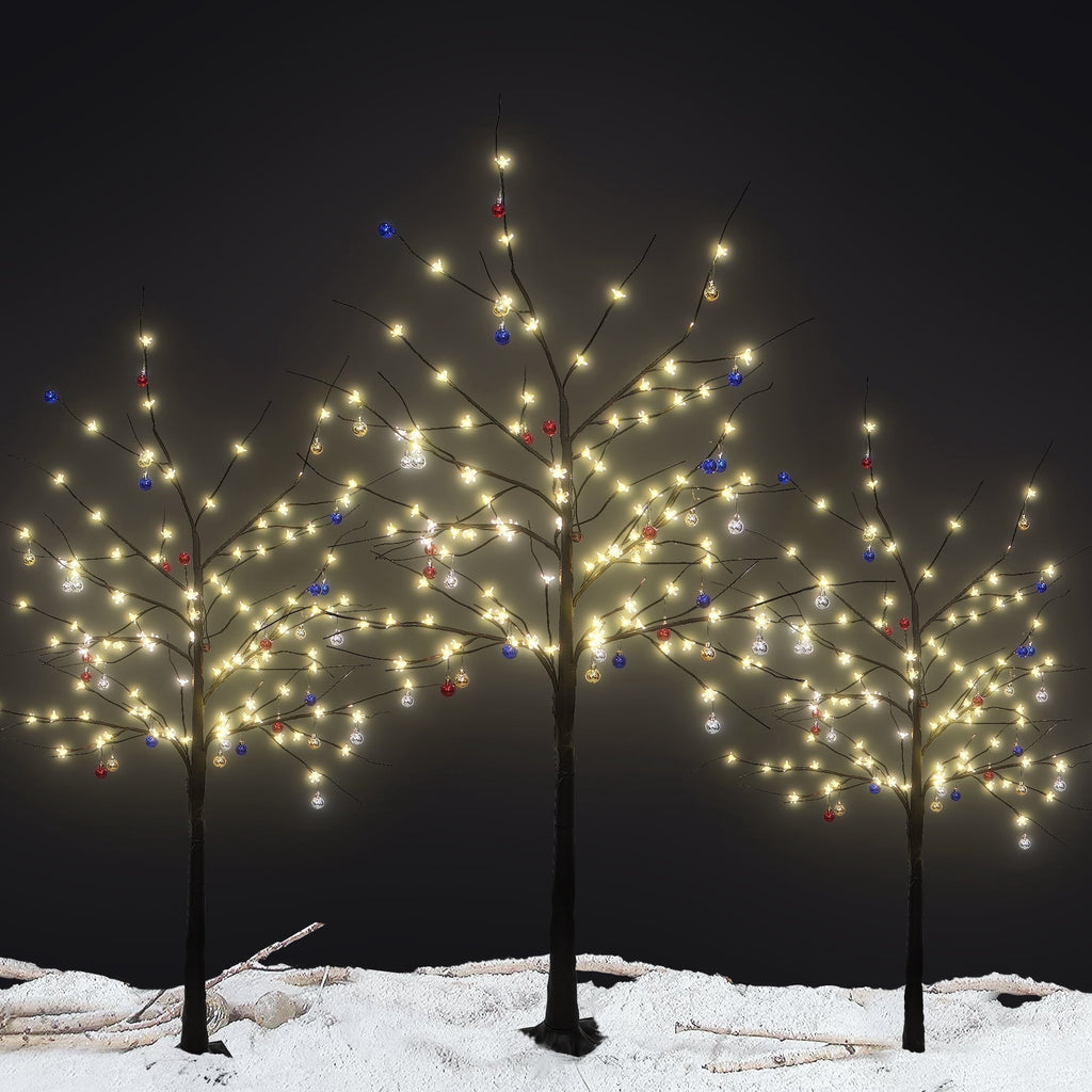 LinkRomat 3-Piece 4ft–6ft Pre-Lit Birch Christmas Tree Set with 200 LED Lights and 24 Ornaments, Christmas Decorations for Indoor Outdoor Home, Black