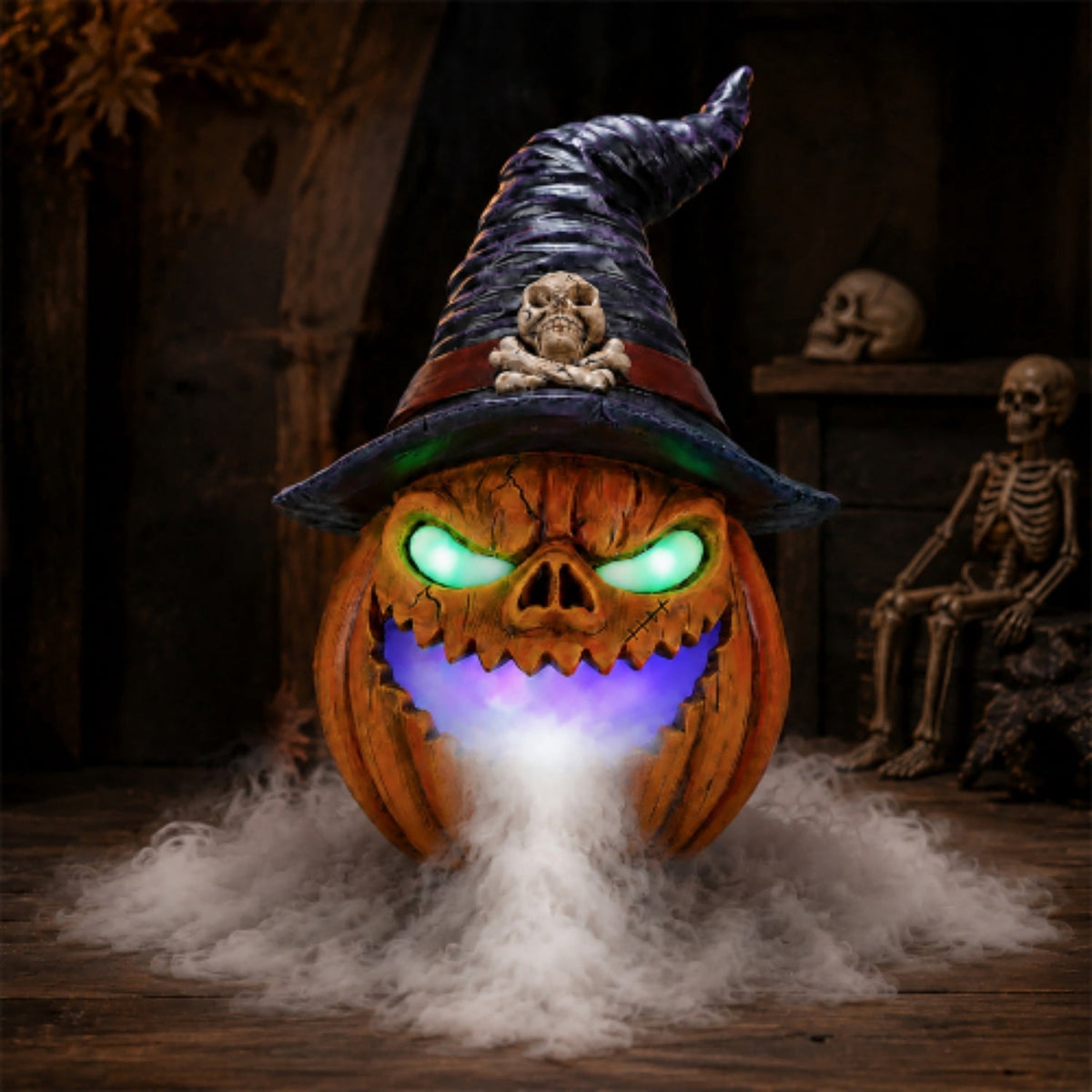 SpookHaven Halloween Jack‑O‑Lantern Pumpkin Mist Sprayer Figurine, LED Light‑Up Fogger with Witch Hat & Skull Decoration, Spooky Ornament for Tabletop Entryway Halloween Party Home Decor