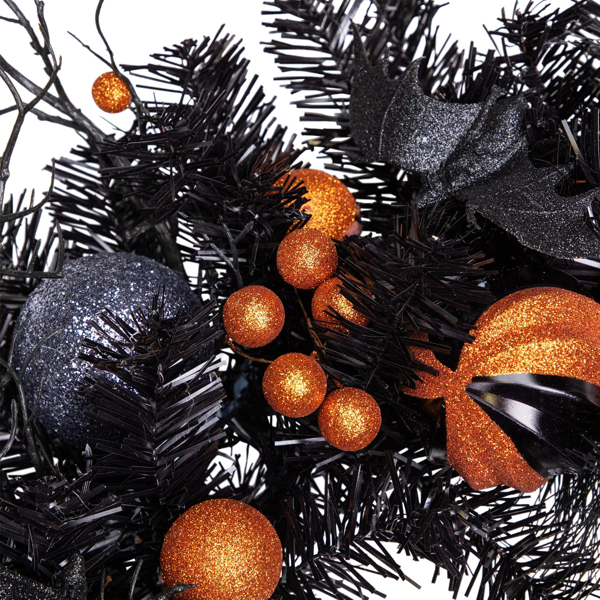 Northlight Ornaments and Ghost Halloween Twig Pine Wreath - 24" - Orange and Black - Unlit