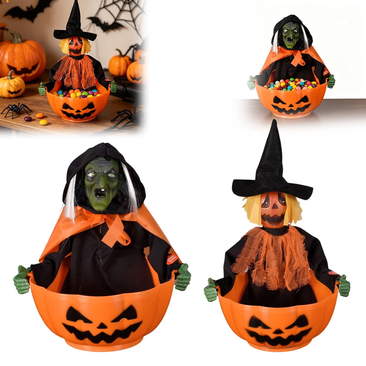 Halloween Candy Bowl, Animated Skeleton Candy Dish with Motion Activated Screaming Witch, Light Up Red Eyes Sound, Festive Serving Bowl for Party, Table, Home Decorative Display, 11"x10.6"