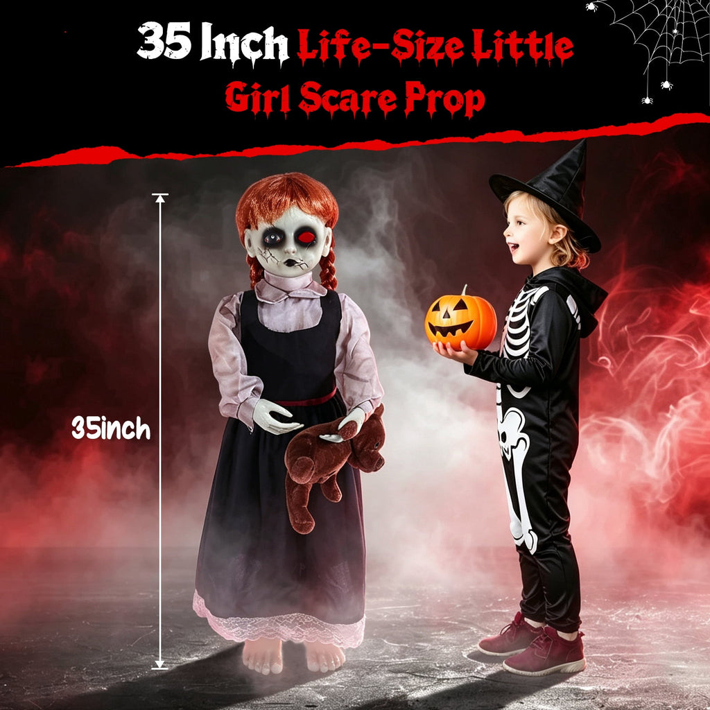 Halloween Decor Animatronic Prop Areker 35in Haunted Little Girl, Touch & Sound Activated Scary Ghost Doll with Red LED Glowing Eye, Outdoor Indoor Horror Decor with Stable Sand Weight Base