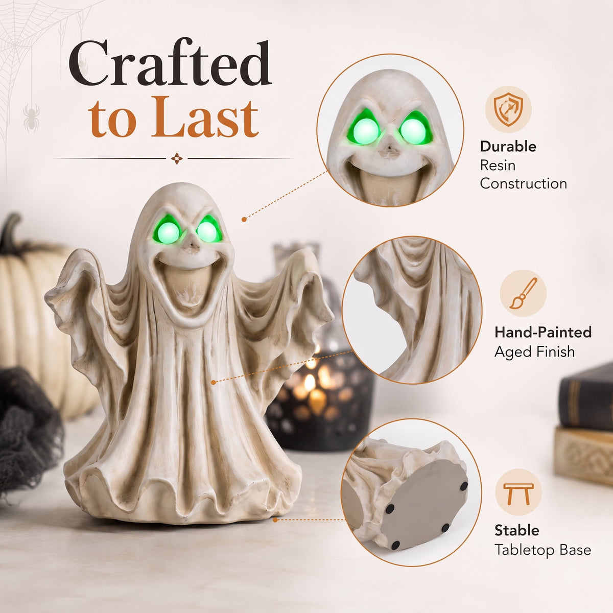 Large 13-Inch Lighted Halloween Ghost Decoration, Resin Figurine with Green LED Eyes, Battery Operated Tabletop Statue for Mantel and Party