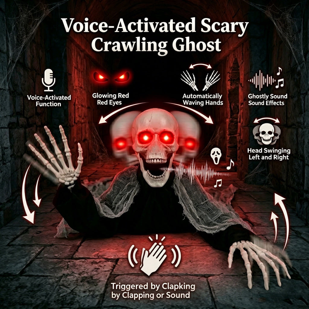 Voice Activated Crawling Skeleton, Halloween Prop Groundbreaker Skeleton with Red Glowing Eyes and Creepy Sound, Spooky Yard Decor for Outdoor Halloween Parties and Events, 12" W 36" L