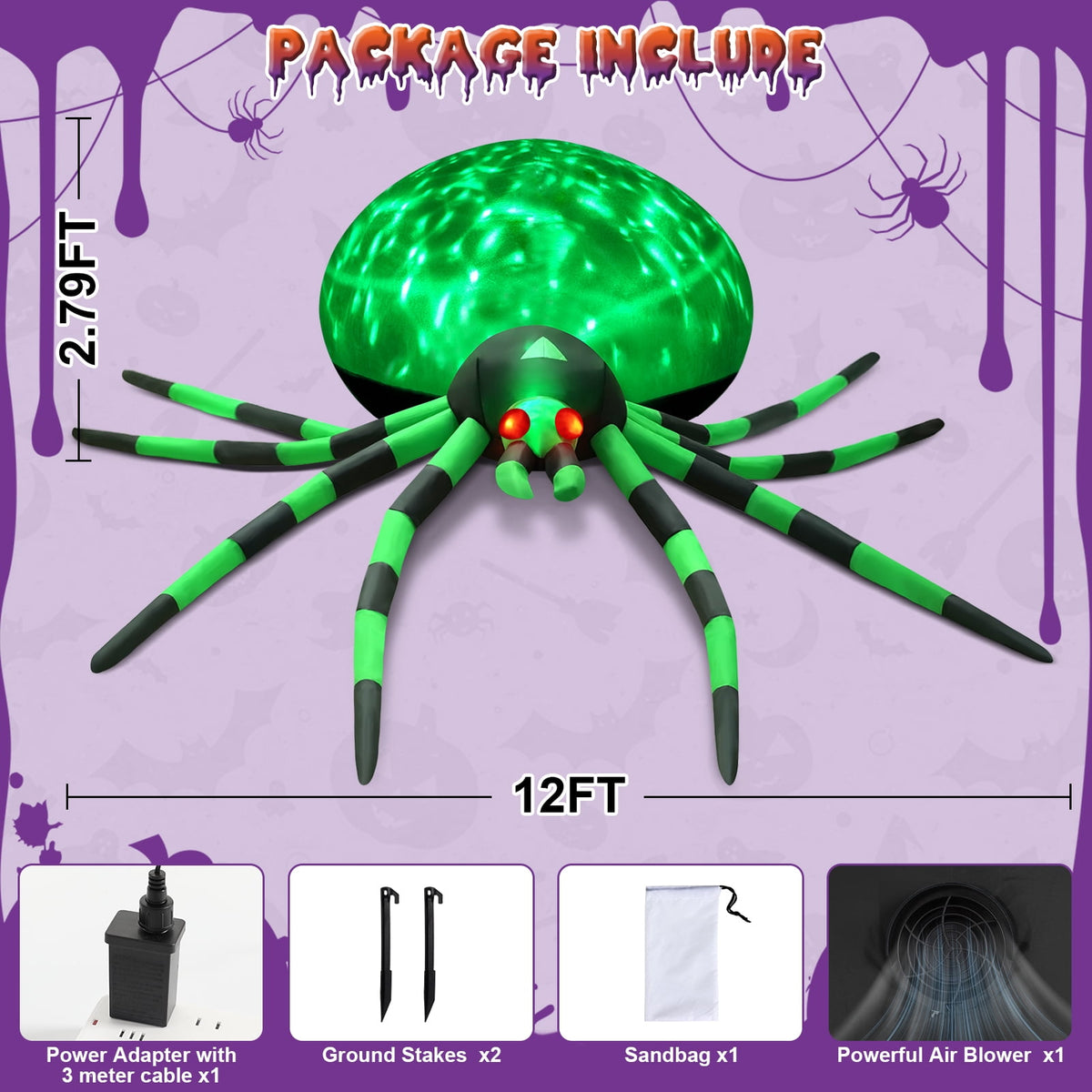 Yexmas 12FT Halloween Inflatables Outdoor Decorations Giant Spider Decorations with LED Lights and Air Pump Blow up Inflatable Green
