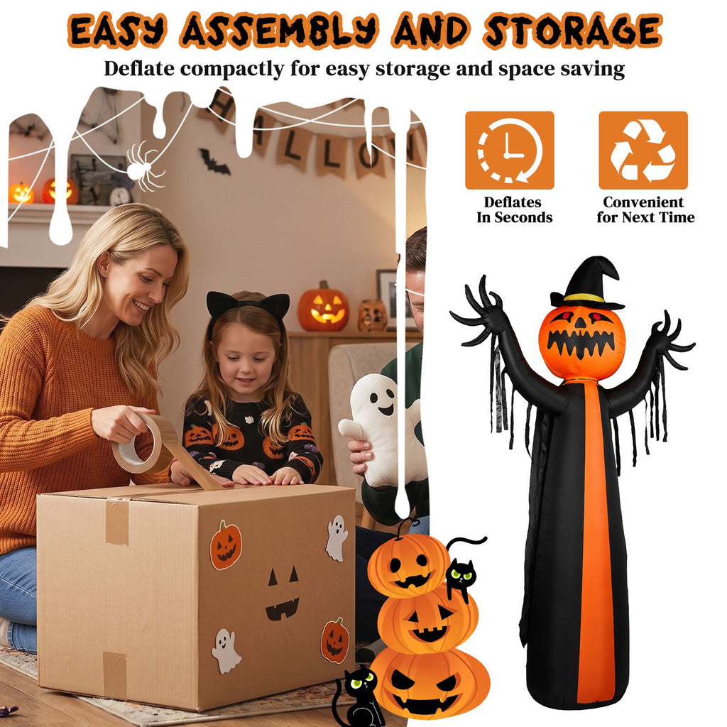 10FT Inflatable Pumpkin Ghost with Rotatable Head 6 LED Lights Black Orange Halloween Yard Decor