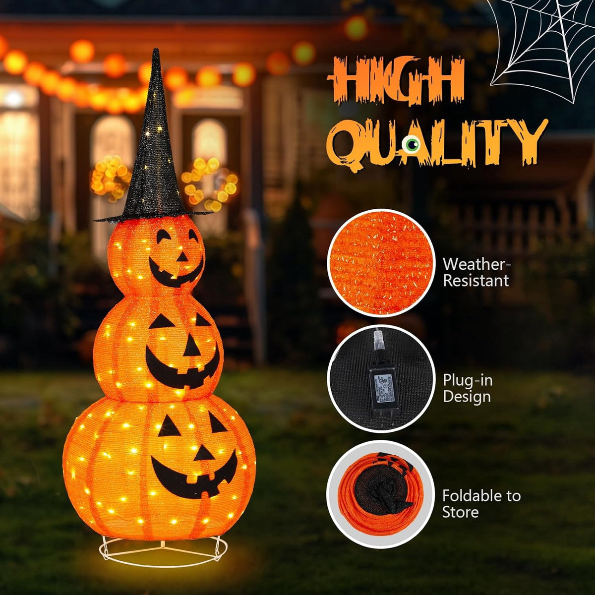 VINGLI 4FT Scary Lighted Halloween Decorations Outdoor, Pop Up Halloween Ghost Decorations, Light Up Ghost Decor with Pre-lit 135 LEDs, Cute Broom, Black Hat for Porch Yard Lawn Patio