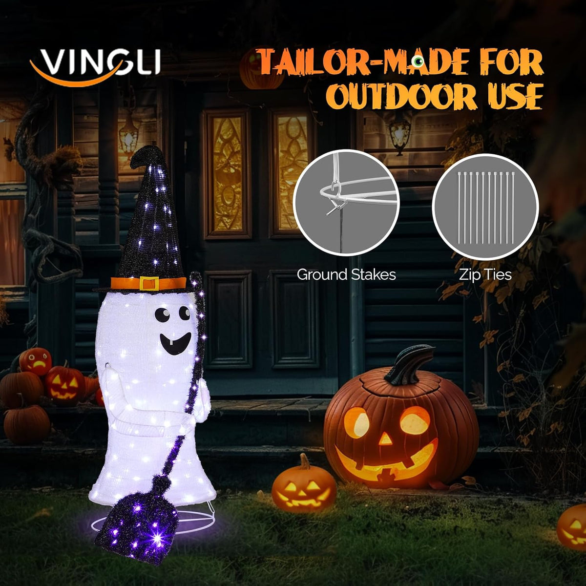 VINGLI 4FT Scary Lighted Halloween Decorations Outdoor, Pop Up Halloween Ghost Decorations, Light Up Ghost Decor with Pre-lit 135 LEDs, Cute Broom, Black Hat for Porch Yard Lawn Patio