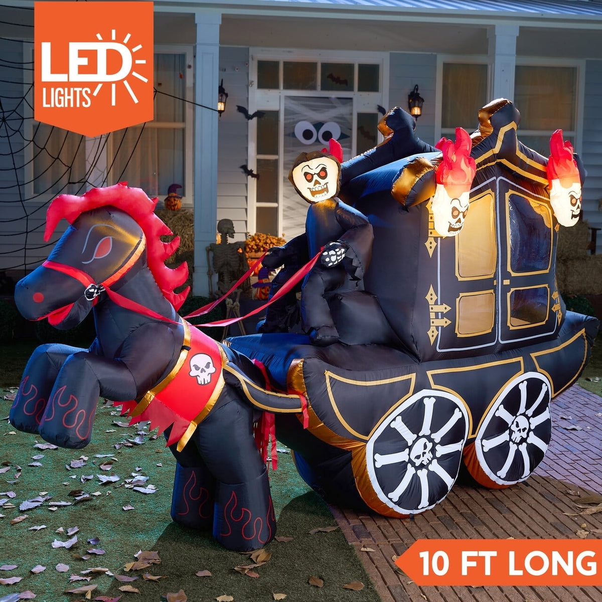Joyfy 8ft Long Halloween Inflatables Outdoor Decorations,Spooky Pumpkin Carriage with Built-in LEDs,Blow Up Halloween Decoration for Yard