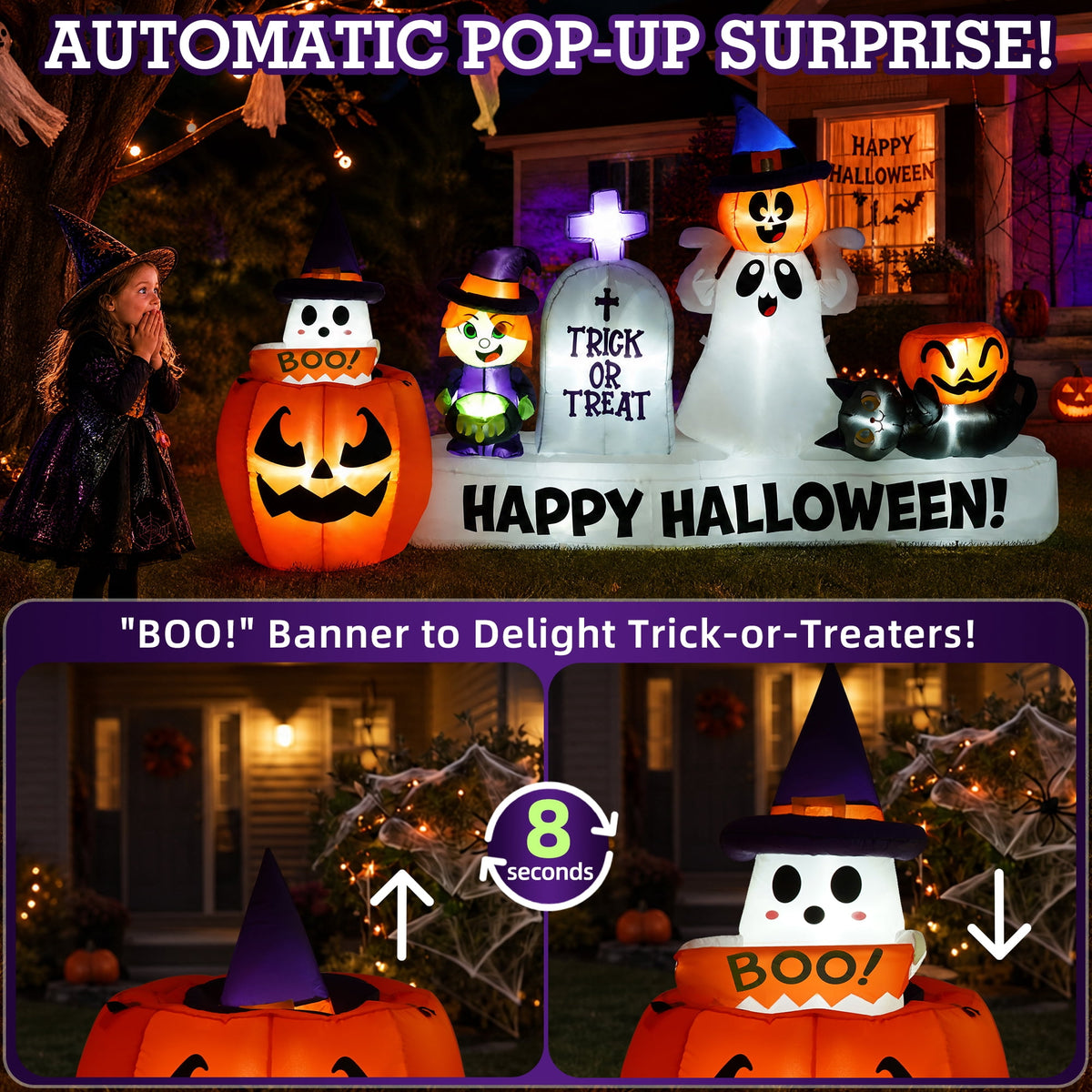 BSHAPPLUS® 9 ft Halloween Pumpkin UFO Inflatable,Walk-in Inflatable Yard Decor with Levitating Cow,Built-in LED Lights,Outdoor Blow up Decor for Lawn Garden Party,19.7ft Extra-Long Power Cord