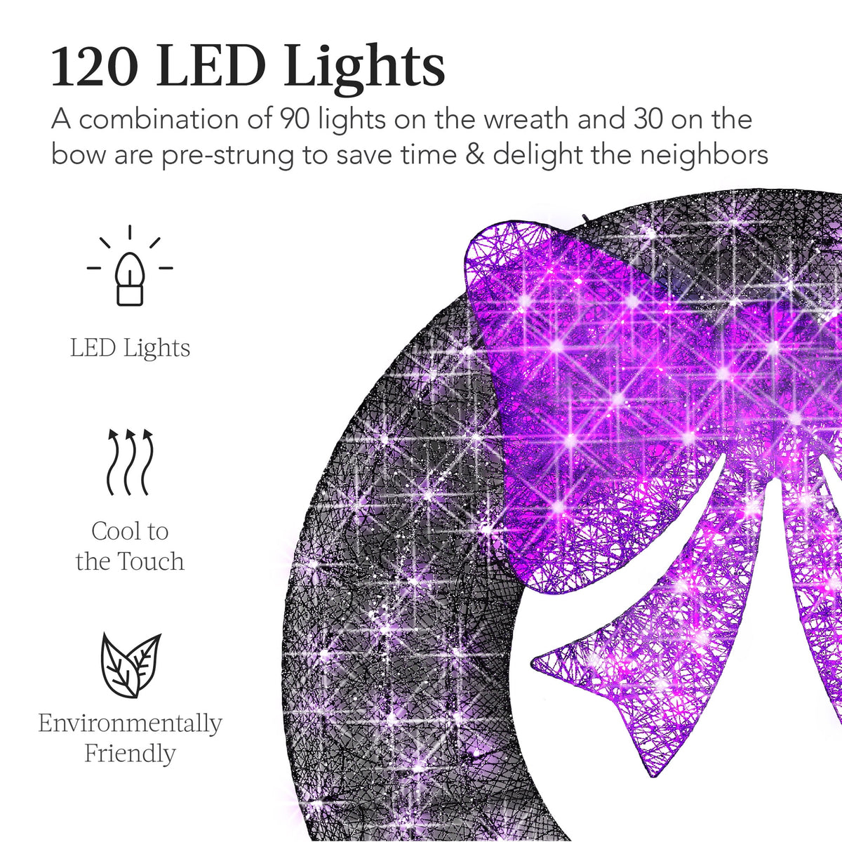 Best Choice Products 36in Pre-Lit Outdoor Halloween Wreath, LED Metal Holiday Decor w/ 120 Lights, Bow - Purple/Black