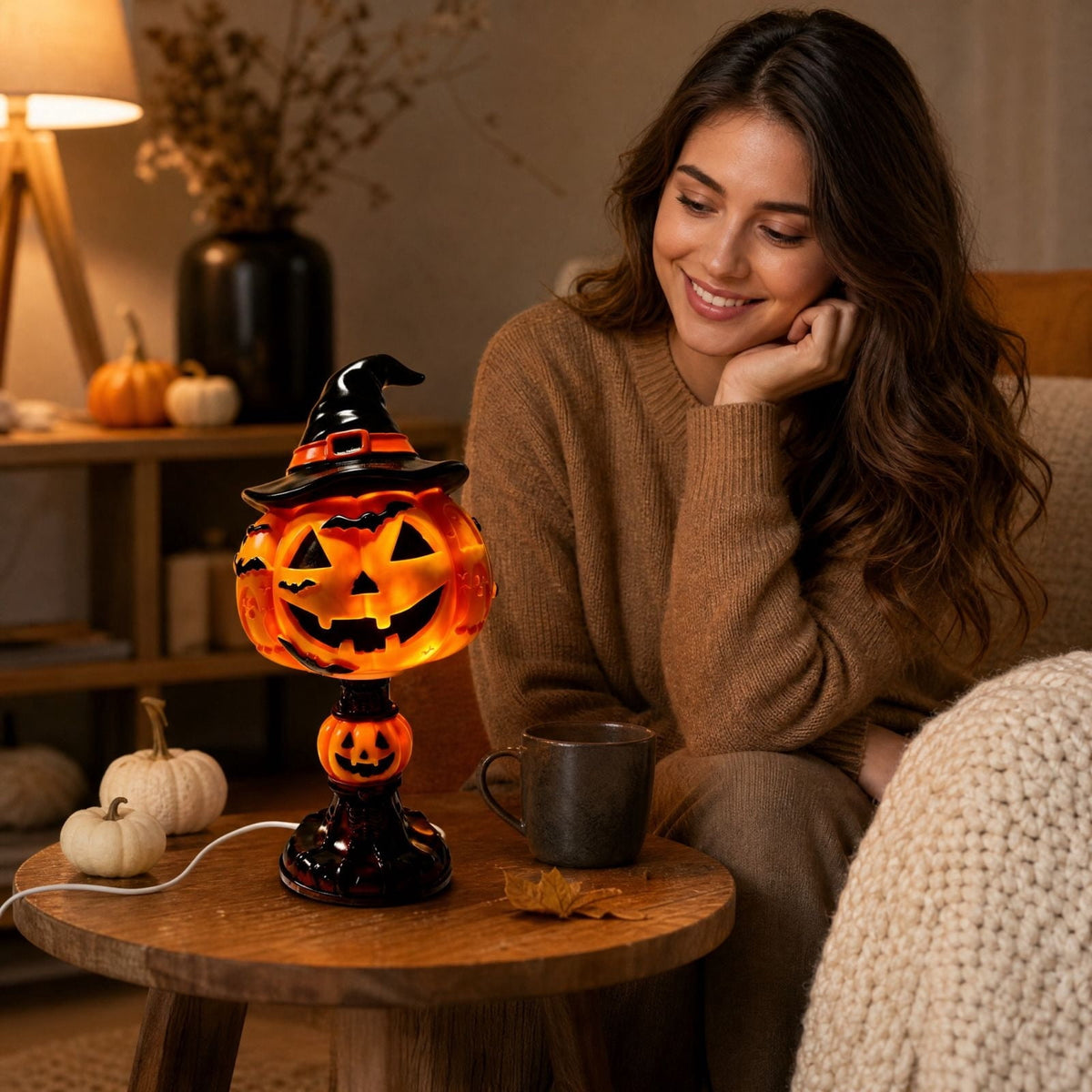 AZXY Halloween Stacked Lighted Pumpkin Figurine, Skeleton Cut‑Out Pumpkin Lamp, Spooky Holiday Floor Ornament, Halloween Yard Party Decoration for Porch Yard Living Room Use