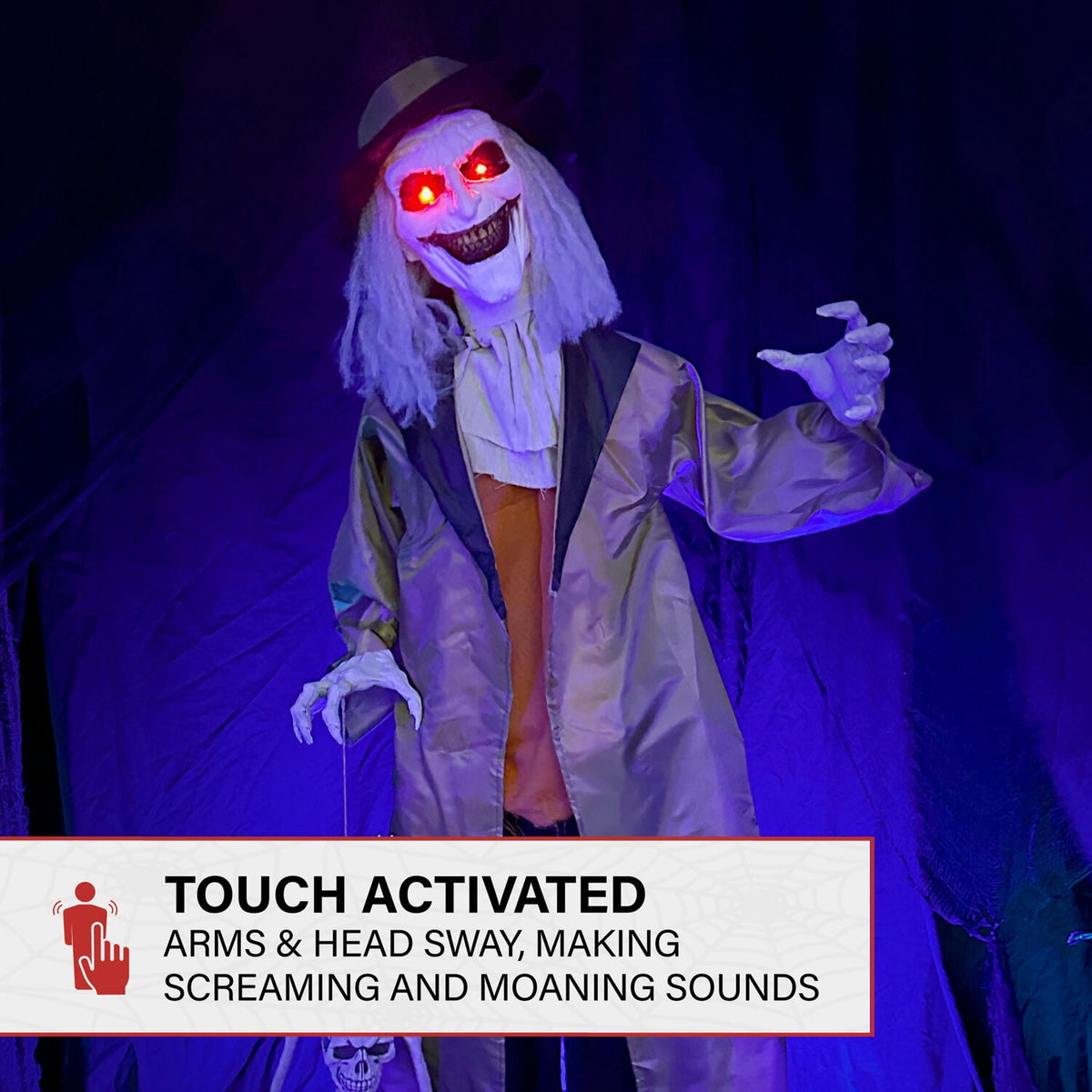 Haunted Hill Farm 5.25 ft Jebediah Bones Animatronic Gravekeeper, Indoor or Covered Outdoor Halloween Decor, Red LED Eyes, Battery-Operated, HHGRVKPR-1FLSA