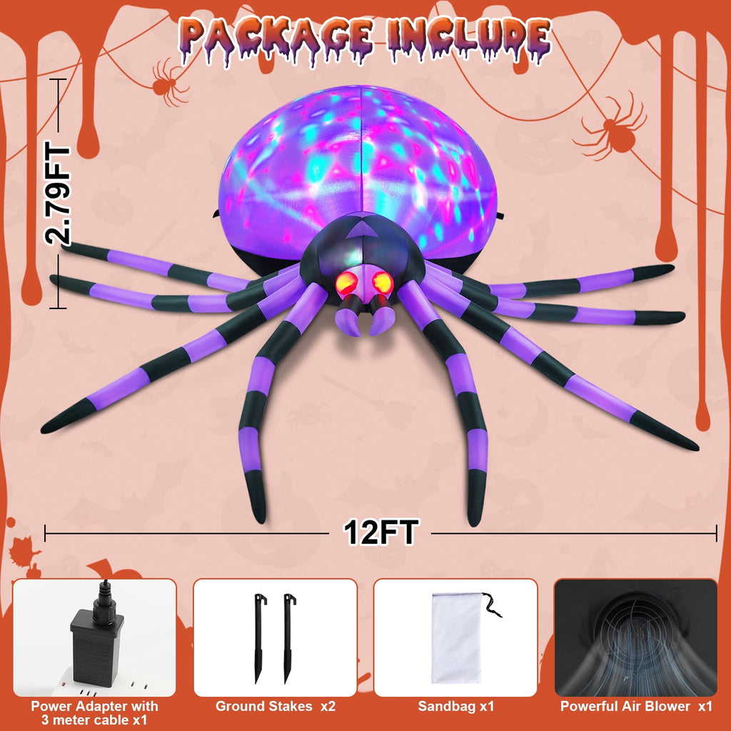 Yexmas 12FT Halloween Inflatables Outdoor Decorations Giant Spider Decorations with LED Lights and Air Pump Blow up Inflatable Green
